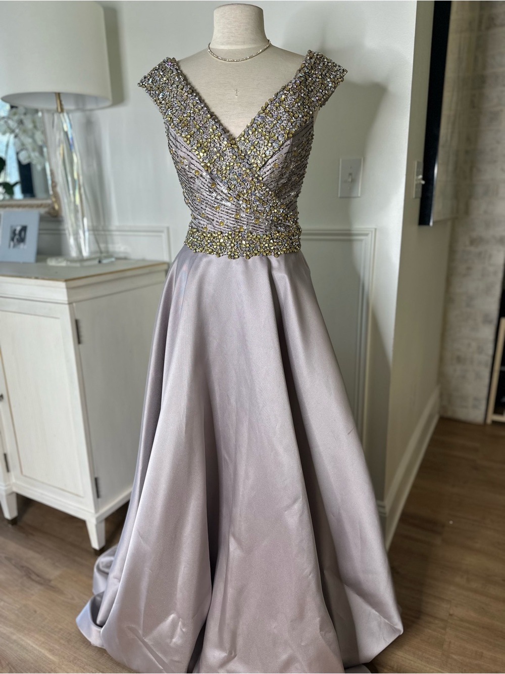 Jovani Beaded Evening Dress in Silver and Gold Accents